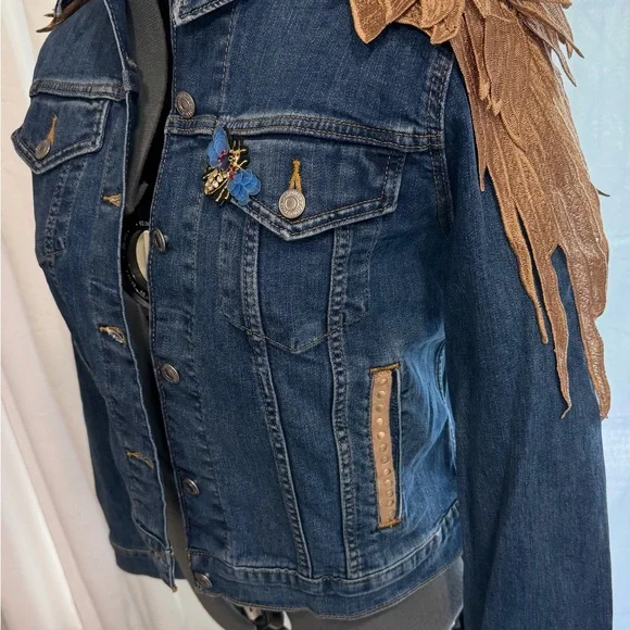 Embellished Denim Jean Jacket with Gold Accents - Picture 3 of 4